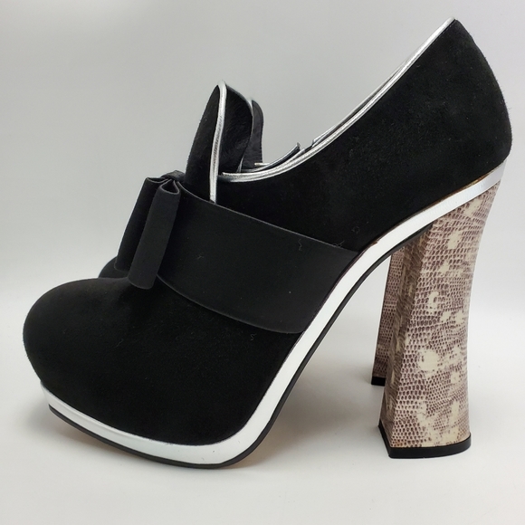 Runway Miu Miu Black Satin Bow Silver Platform Curved Heel Boot Size EUR 37.5 - Picture 1 of 16